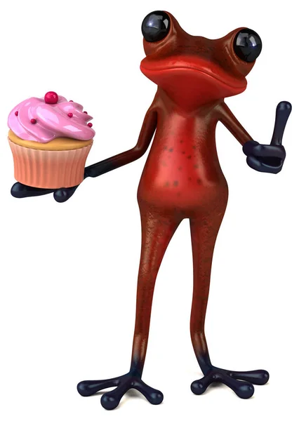 Rolig Röd Groda Med Cupcake Illustration — Stockfoto