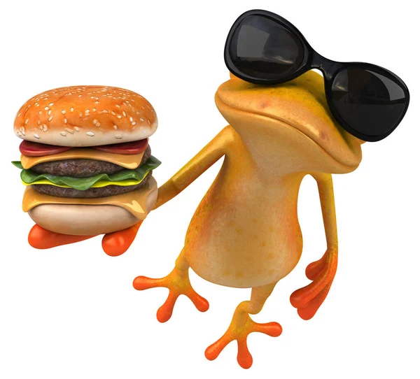 Leuke Gele Kikker Met Hamburger Illustratie — Stockfoto