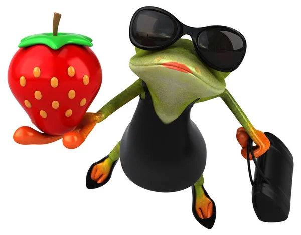 イチゴとの楽しいカエル 3Dイラスト — ストック写真