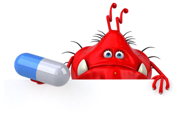Fun germ  with pill - 3D Illustration