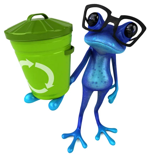 Çöp Kutusuyla Eğlenceli Mavi Kurbağa Llüstrasyon — Stok fotoğraf