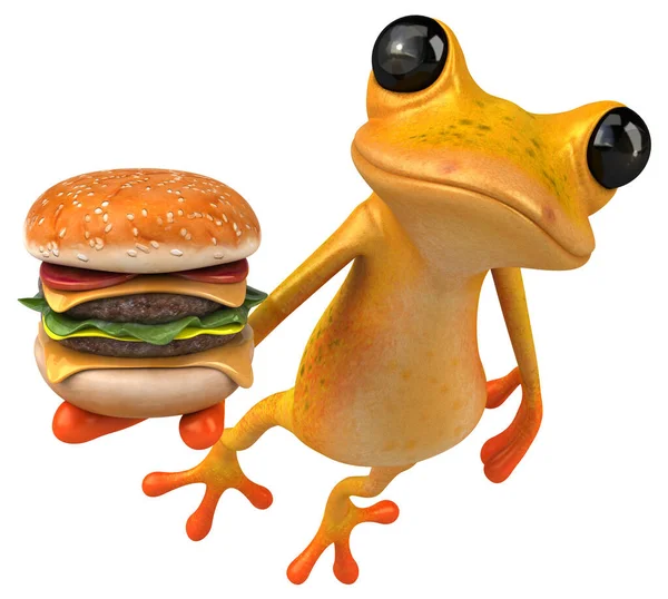 Leuke Gele Kikker Met Hamburger Illustratie — Stockfoto