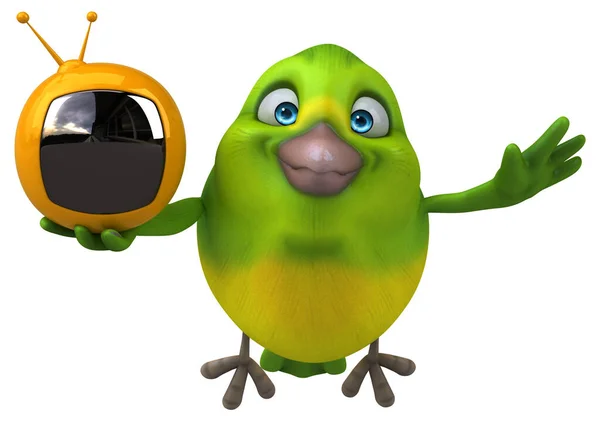 テレビ付きの楽しい緑の鳥 3Dイラスト — ストック写真