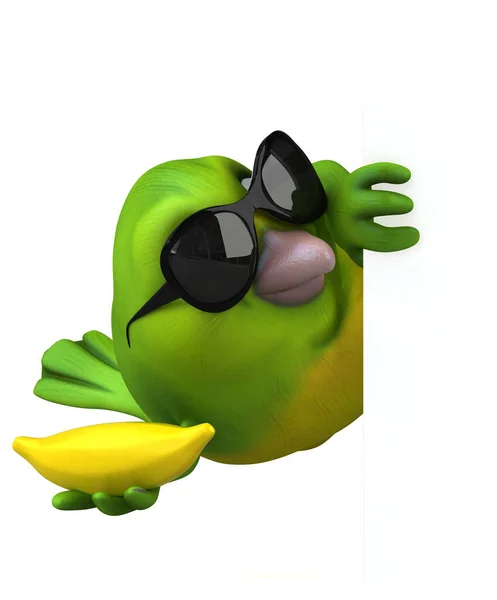 Divertido Pájaro Verde Con Plátano Ilustración — Foto de Stock