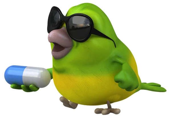 Divertido Pájaro Verde Con Píldora Ilustración — Foto de Stock