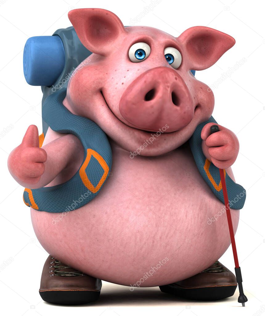 Fun backpacker pig cartoon character isolated on white 