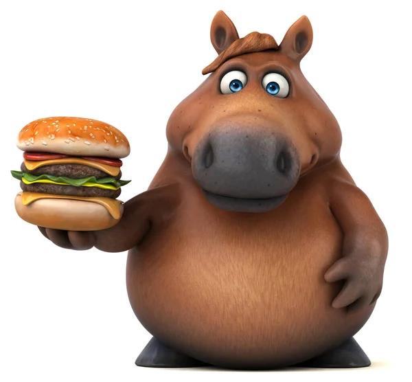 Rolig Häst Med Hamburgare Illustration — Stockfoto