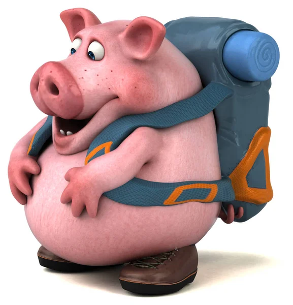 白で隔離された楽しいバックパッカーの豚の漫画のキャラクター — ストック写真