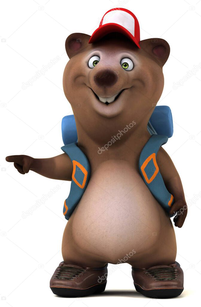 Fun 3D bear backpacker cartoon character pointing 
