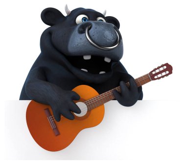 Gitarlı eğlenceli siyah boğa - 3D Görüntü