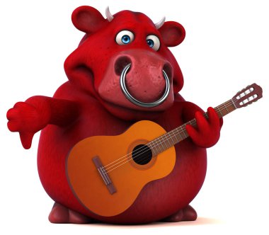 Gitarlı eğlenceli kırmızı boğa - 3D Görüntü