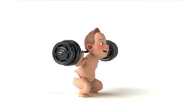 Ağırlık kaldıran bir çizgi film bebeğinin 3 boyutlu eğlenceli animasyonu.