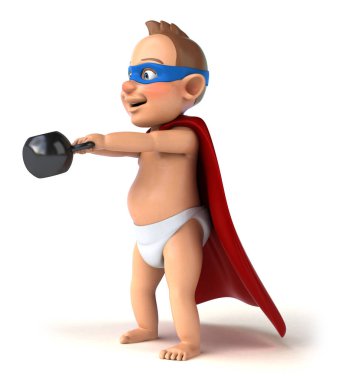 Ağırlıkları olan bir çizgi film bebeğinin eğlenceli üç boyutlu çizimi