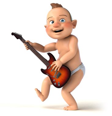 Gitarlı bir karikatür bebeğinin 3 boyutlu eğlenceli çizimi