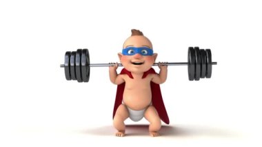 Ağırlık kaldıran çizgi film kahramanı bir bebeğin 3 boyutlu eğlenceli animasyonu.