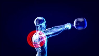 Bir röntgencinin 3 boyutlu tasviri. Kettlebell ile bips kıvrımları yapıyor.
