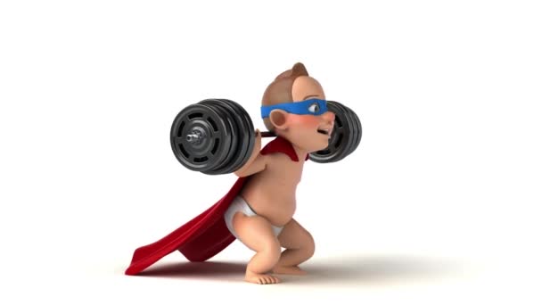 Leuke Animatie Van Een Cartoon Baby Superheld Met Gewichten Doen — Stockvideo