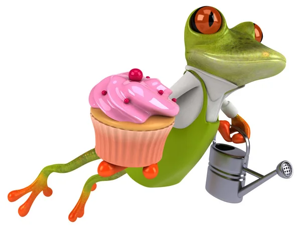 Rana Divertida Jardinero Con Cupcake Ilustración — Foto de Stock