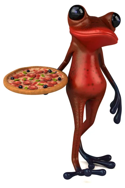 ピザと楽しい赤いカエル 3Dイラスト — ストック写真