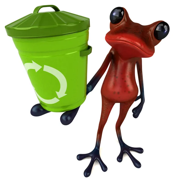 Çöp Kutusuyla Eğlenceli Kırmızı Kurbağa Llüstrasyon — Stok fotoğraf