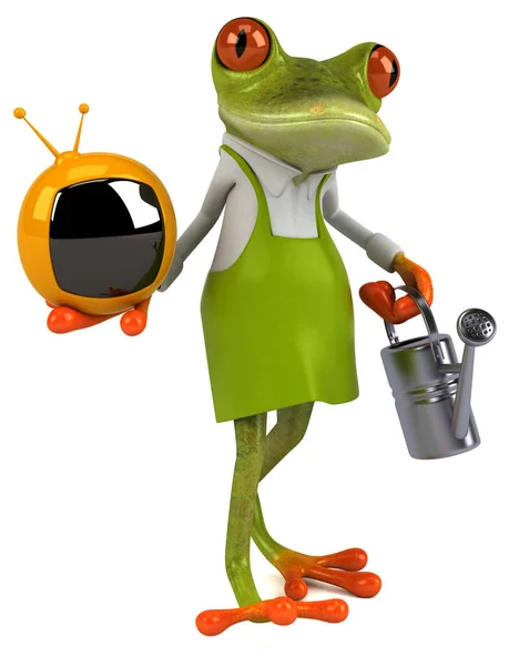 带电视 3D插图的青蛙园艺师 — 图库照片