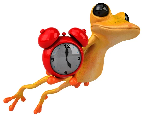 時計と楽しい黄色のカエル 3Dイラスト — ストック写真