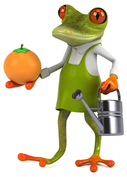 オレンジと楽しいカエルの庭師 3Dイラスト — ストック写真