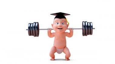 Çizgi film karakteri bir bebeğin üç boyutlu animasyonu çömeliyor.