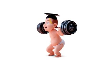 Çizgi film karakteri bir bebeğin üç boyutlu animasyonu çömeliyor.