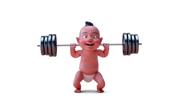 Animatie Van Een Stripfiguur Baby Met Gewichten — Stockvideo