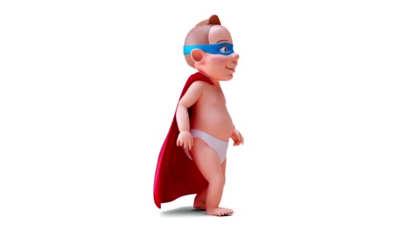 Animatie Van Een Stripfiguur Baby Super Held Wandelen — Stockvideo