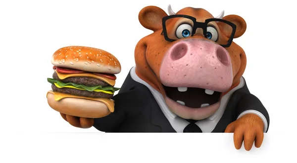 Fun cow with burger  - 3D Illustration