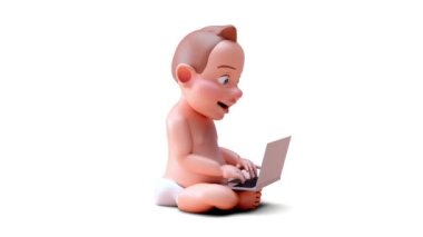 Dizüstü bilgisayarda çalışan bir çizgi film karakterinin 3 boyutlu animasyonu 