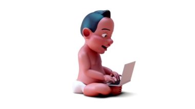 Dizüstü bilgisayarla çalışan bir çizgi film karakterinin 3 boyutlu animasyonu 