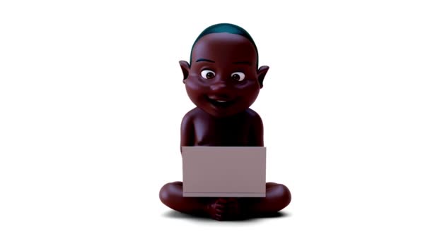 3Dアニメーションの漫画のキャラクターの赤ちゃんノートパソコン — ストック動画
