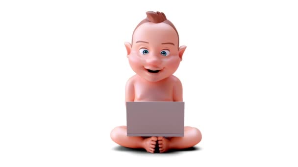 Animation Einer Zeichentrickfigur Baby Mit Laptop — Stockvideo