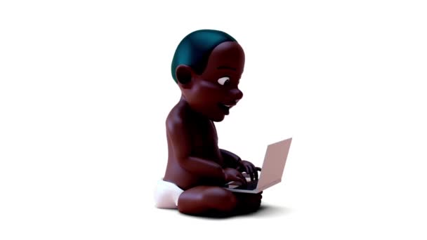 3Dアニメーションの漫画のキャラクターの赤ちゃんのラップトップ上で作業 — ストック動画