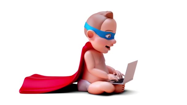 Animace Kresleného Postavičky Baby Superhrdiny Laptopem — Stock video