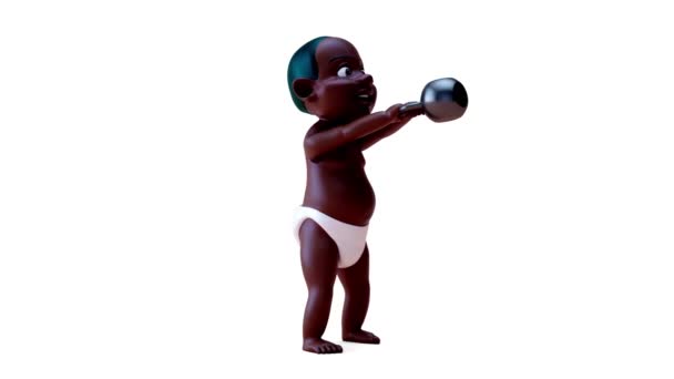 3Dアニメーションの漫画のキャラクターの赤ちゃんとともにKettlebel — ストック動画