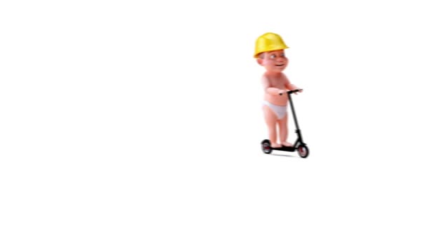 Animatie Van Een Stripfiguur Baby Helm Scooter — Stockvideo