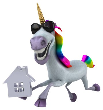 Evle eğlenceli tek boynuzlu at - 3D İllüstrasyon