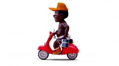 Çizgi film karakteri motosikletli bir çocuğun 3 boyutlu animasyonu
