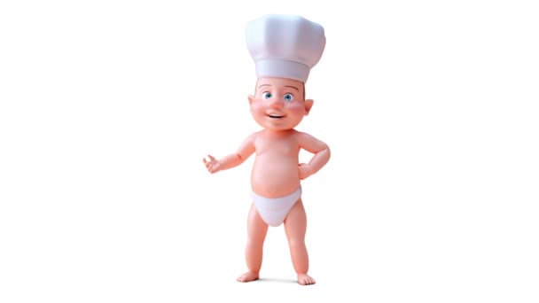 Animatie Van Een Stripfiguur Baby Jongen Chef Kok Tonen Hand — Stockvideo