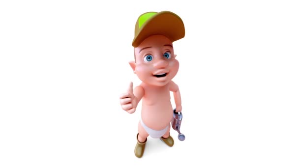 3Dアニメーションの漫画キャラクター赤ちゃん男の子とともに散水缶アップ — ストック動画