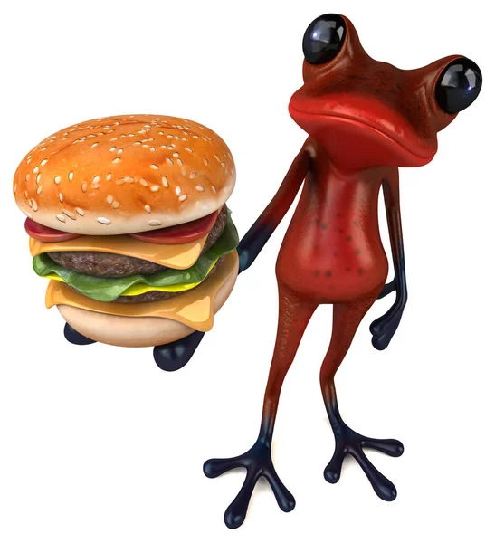 ハンバーガーと楽しい赤いカエル 3Dイラスト — ストック写真