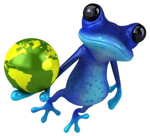 Fun Blauer Frosch Mit Globus Illustration — Stockfoto