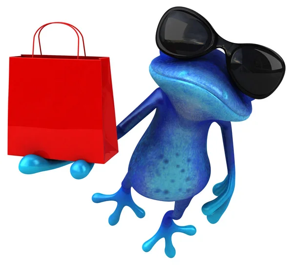 バッグ付きの楽しい青いカエル 3Dイラスト — ストック写真