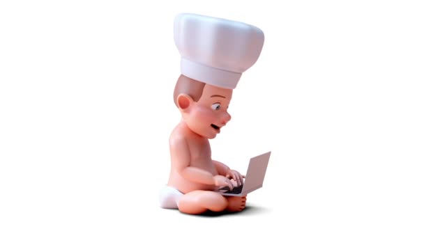 Animación Bebé Personaje Dibujos Animados Que Trabaja Ordenador Portátil — Vídeo de stock