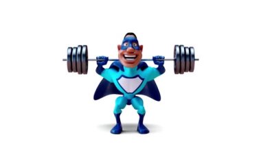 Komik çizgi film karakteri süper kahraman ağırlıklarla çömeliyor - 3 boyutlu animasyon 