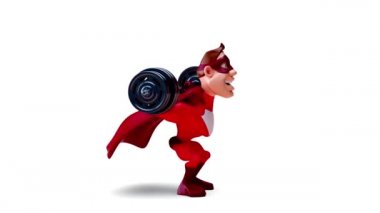 Komik çizgi film karakteri süper kahraman ağırlıklarla çömeliyor - 3 boyutlu animasyon 